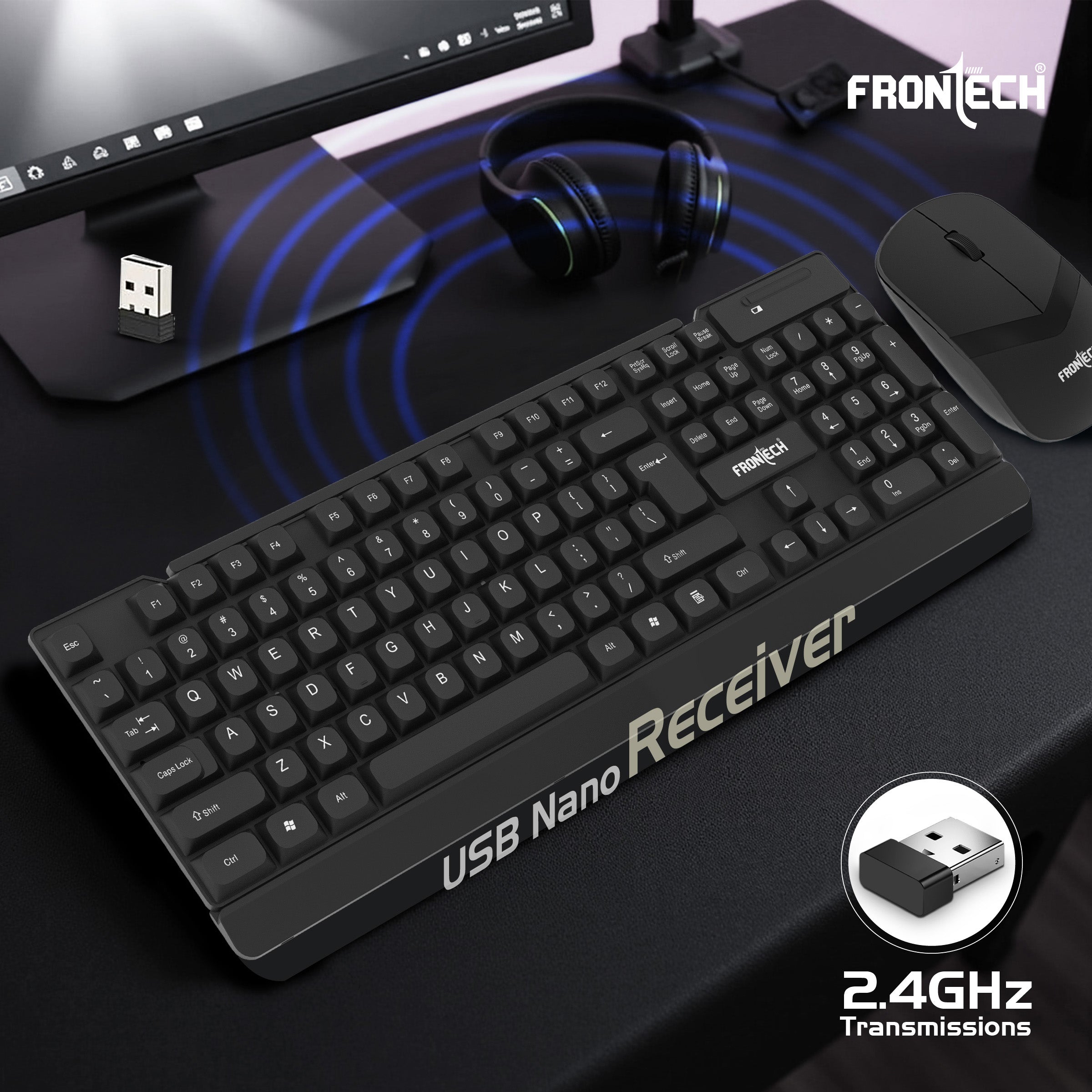 Frontech Wireless Keyboard & Mouse Combo | 2.4GHz Connectivity | 1600 DPI Mouse | 104 Keys | Power Saving | Adjustable Height | USB Nano Receiver (KB-0027P) Frontech Wireless Keyboard & Mouse Combo | 2.4GHz Connectivity | 1600 DPI Mouse | 104 Keys | Power Saving | Adjustable Height | USB Nano Receiver (KB-0027P)